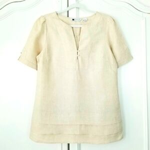 Carole Little Oatmeal Beige Linen Short Sleeve Layered Hem Tunic Top Medium